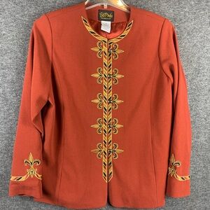 Bob Mackie Wearable Art Jacket Medium Orange Rust Gold Fleur Di Lis Button Up
